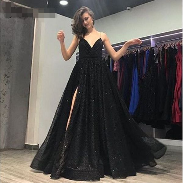 

bling black prom dresses ball gown backless sequined side slit v-neck spaghetti straps long prom gown evening dresses