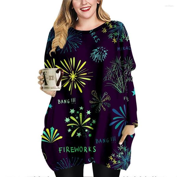 

women's t shirts summer 2023 women fireworks printing t-shirt female casual vintage clothing long sleeve blouse oversized, White