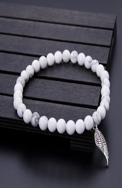 

charm bracelets minimalist 8mm natural white turquoise bracelet stone angel wing pendant beads braclet men women jewelry pulseras 6076662, Golden;silver