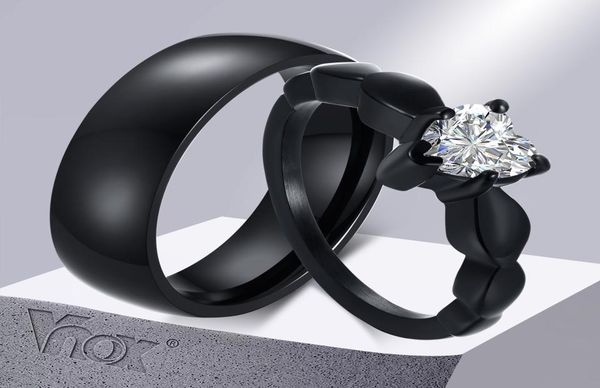 

fashion jewelry vnox romantic heart cz stone couple rings for women men black color stainless steel bands engagement jewelry love 1871666, Golden;silver