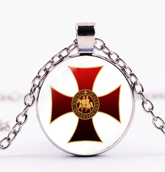 

vintage knights templar pendant necklace religious knight spirit style glass cabochon silver plated men punk cross chain3912300