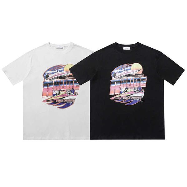 

men's t-shirts rhude sunset yacht colorful print high street loose couple summer round neck short sleeve t-shirt, White;black