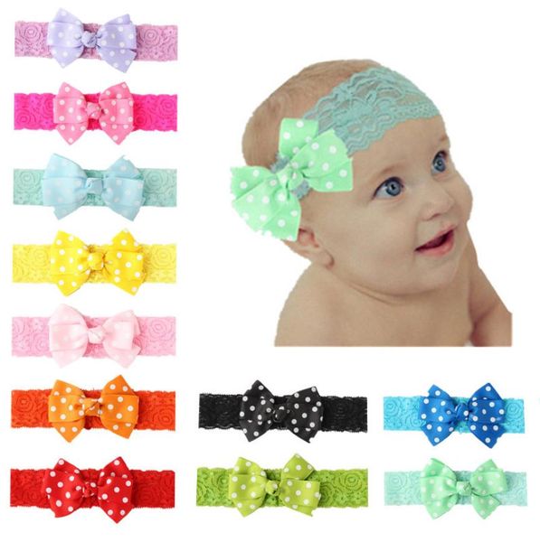 

baby lace headband with polka dot bow infant girl summer hairband hair accessories 11colors 185cm1000153, Slivery;white