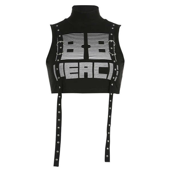 

y2k dark wind letter printing ribbon buckle design high neck hip hop dance open navel sleeveless basic tank 1vl9x, White