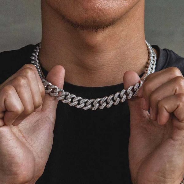 

925 solid silver 10mm wide set fire moissanite diamond iced out necklace cuban link chain