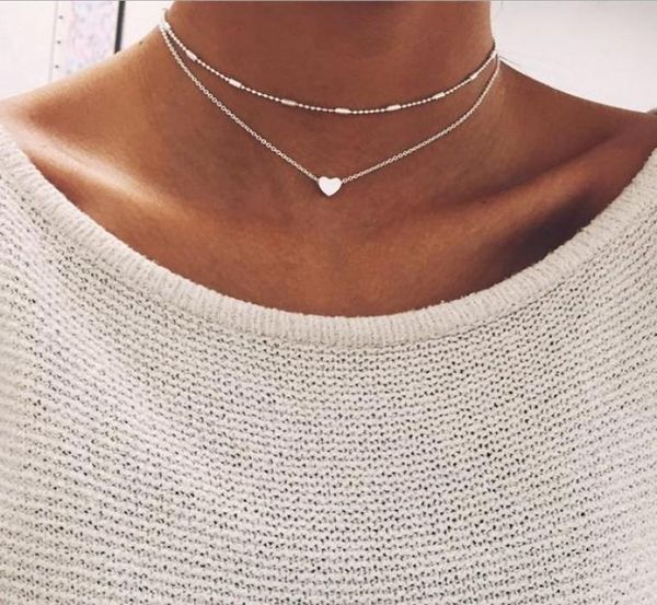 

new designer double layer silver chain love heart necklace pendants for women beads choker pendant necklace chocker collier femme 3920114, Golden;silver