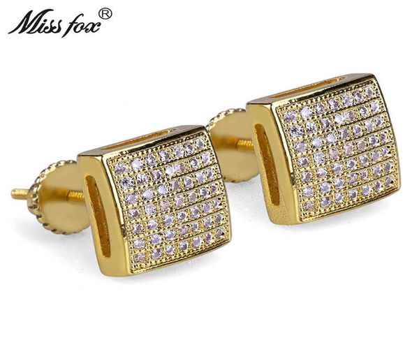

missfox hiphop 24k gold plated jewelry earrings screw thread whole square cubic zirconia bijoux piercing earring man woman8082150, Golden;silver