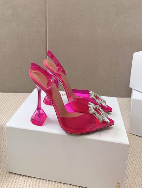 

genuine leather bottom high heeled sandals pointed toe comfortable and transparent pvc goblet crystal rhinestone buckle 9.5cm party ma', Black