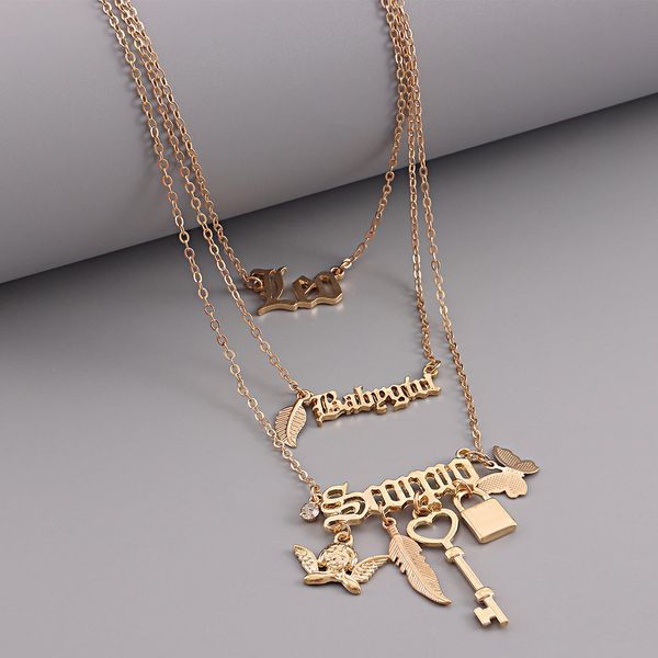 

fashion multi-layer padlock key feather butterfly angel wing pendant creative necklace woman designer jewlery chain necklace woman pendant n, Silver