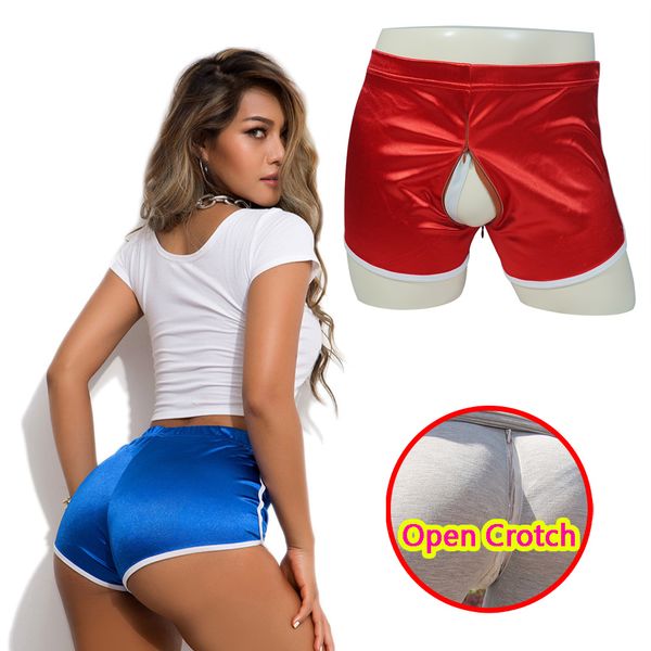 

woman crotchless mini pants erotic hidden zipper shorts open crotch sport panties couple booty outdoor game costume, White;black
