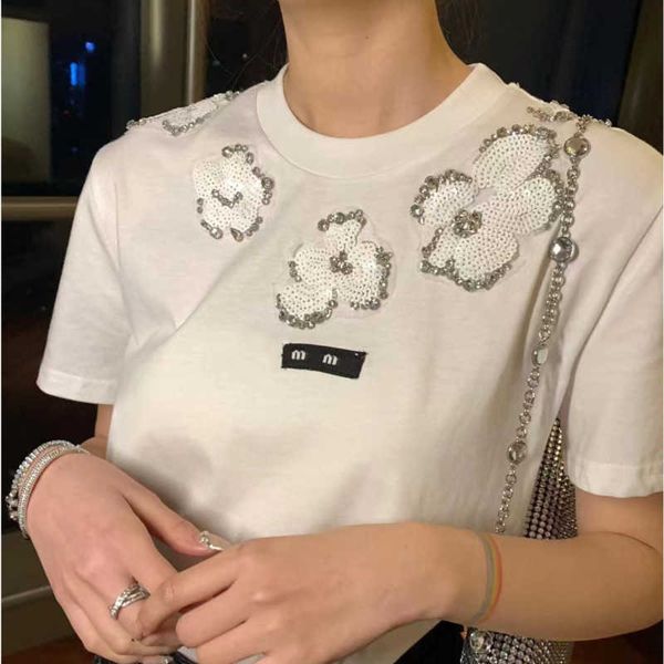 

womens cotton t shirt summer new sequin beaded flower knitted tee designer t shirt slim round neck short sleeved shirt womens clothing, White