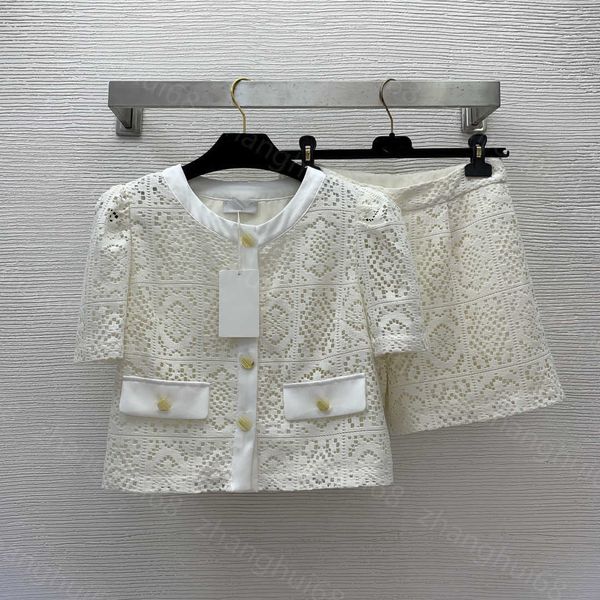 

23ss casual suit women shorts sets womens designer clothing hollow-out water-soluble short-sleeved high waist wide leg shorts set women clot, White