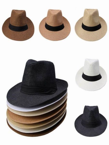 

men women straw wide brim hats jazz caps belt decorative summer beach hats sun fedora caps dup17562332, Blue;gray