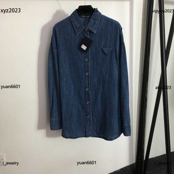 

womens designer clothing logo metal button lapel shirt lady blouse size s-l long sleeved denim shirt, White