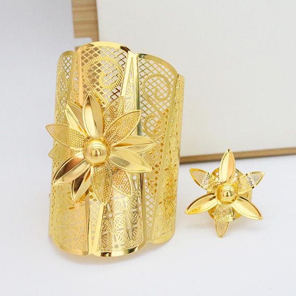 

bangle big bracelet 24k gold flower dubai women bracelet plus ring set ethiopian bracelet with ring wedding jewelry party gift, Black