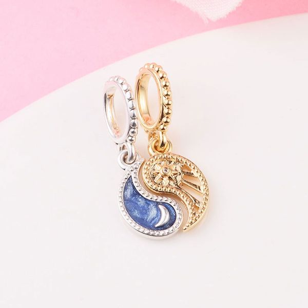 

925 sterling silver two-tone splittable sun & moon yinyang dangle charm bead for european pandora style jewelry charm bracelets, Black