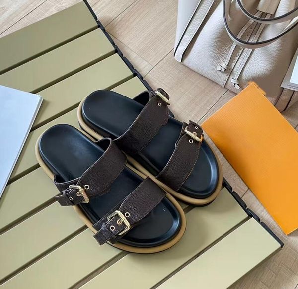 

luxury printed leather slippers women leisure designer slippers flat bottom buckle women cowboy sandals waterproof outdoor beach slippers, Black