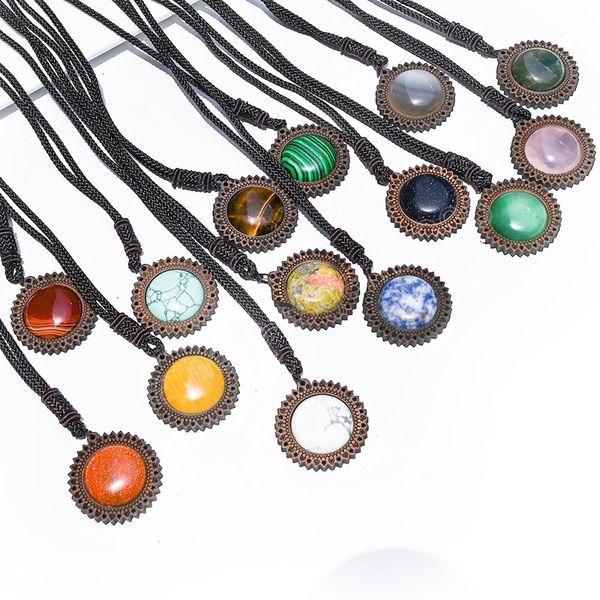 

natural crystal stone sun hollow out flower pendant necklace for women men vintage flower pendant adjustable rope chain necklace, Silver