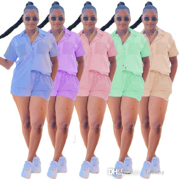 

fashion tracksuit striped women two piece set outfits short sleeve pocket shirt and shorts set 2023 ins summer streetwear 2pcs suit, Gray