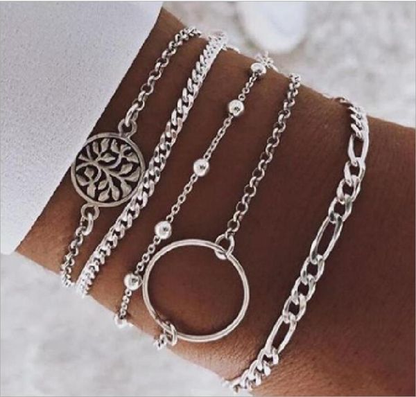 

fashion jewelry bracelets set metal chain bead round tree circle charm silver plated lobster figaro chain9247385, Black