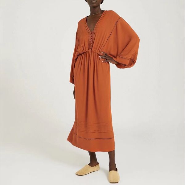 

european fashion brand orange long sleeved v-neck loose fitting silk dress, Black;gray