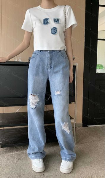 

23ss womens designer clothing women pants sets patchwork denim applique embroidered logo letter short-sleeved t-shirt casual denim pants set, White