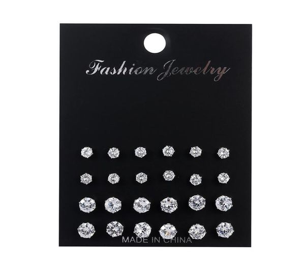 

12 pair size color zircon stud earrings set shine crystal ear studs for men women punk party jewelry fashion mini earring9853231, Golden;silver