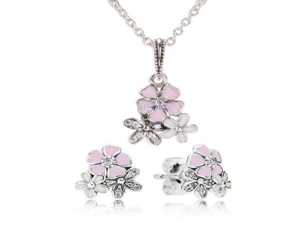 

authentic 925 sterling silver pink enamel flower pendant necklace earring set with box for jewelry womens earrings1391801