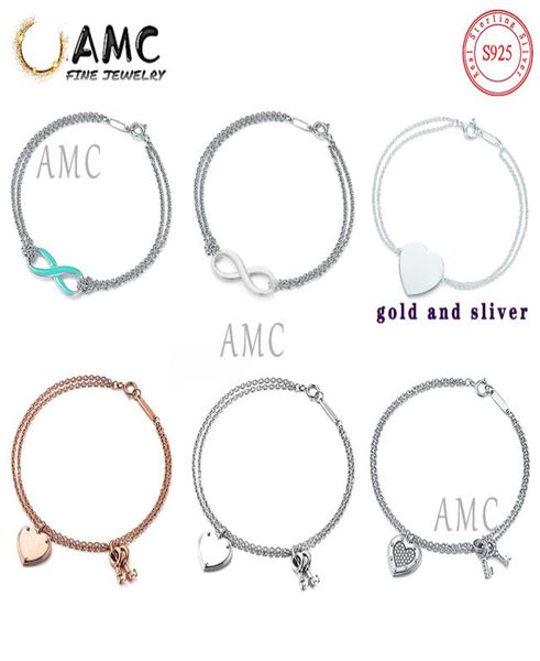 

gift box amc925 sterling silver double chain love bracelet limited symbol loves key bracelet jewelry classic fashion 1754192, Golden;silver