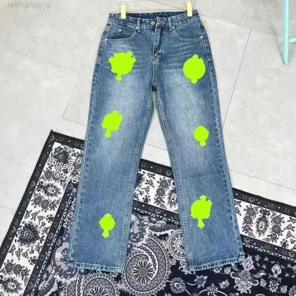 

designer clothing mens jeans denim pants chromes cross ch washed into old straight jean hearts splashink loose printed casual crucifix appli, Black