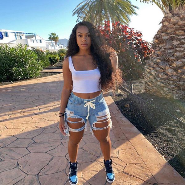 

women's ripped elastic jeans regular fit short denim pants europe fashion casual daily straight jeans strawstring summer beach leisure, Blue