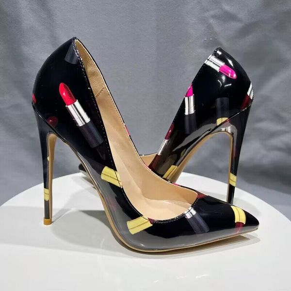 

lipstick high heels females pumps 10cm apatos mujer womens shoes patchwork pointed toe big size 33-45, Black