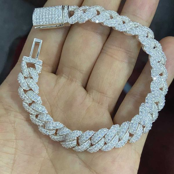 

hq gems 7.5 inch 10mm micro prong iced moissanite vvs diamond cuban bracelet link luxury bling diamond bracelets for men, Silver