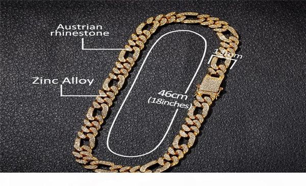 

18k gold plated figaro cuban chain iced out full rhinestone 13mm alloy heavy miami cuban link chain bracelets necklace7124302, Black