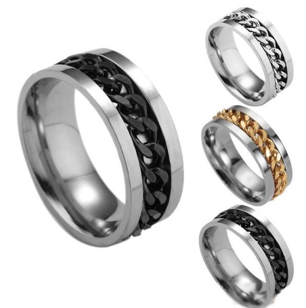 

punk men ring titanium stainless steel gold black chain rotable rings for women accessories size 6127972824, Silver