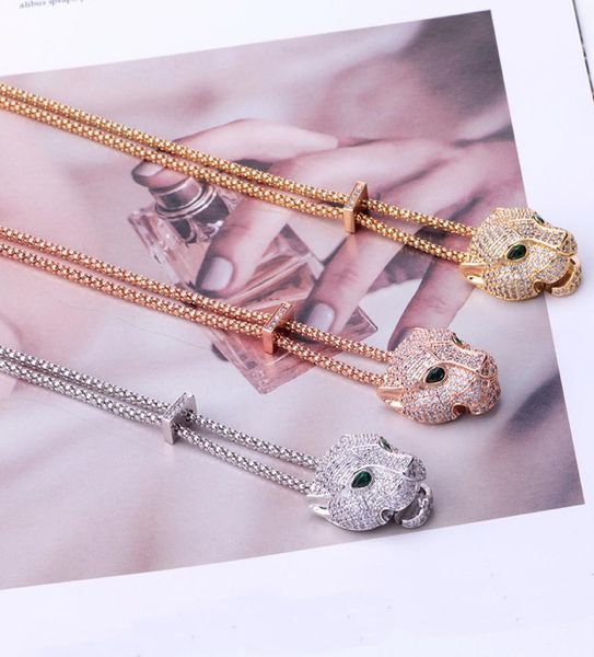 

europe america fashion lady brass full diamond green eyes zircon leopard head 18k gold wedding engagement thick necklaces pendant 7563911, Silver
