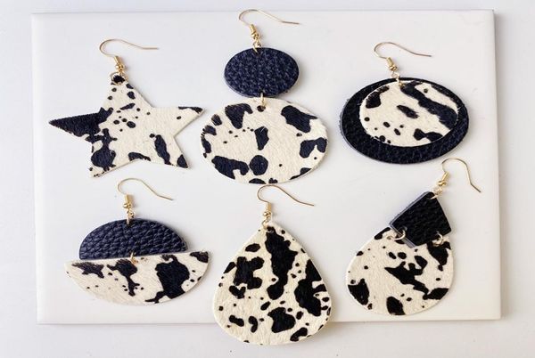 

genuine cowhide leather earrings cow grain circle waterdrop vintage earring patchwork star double layer cow print ear pendant1396580, Silver