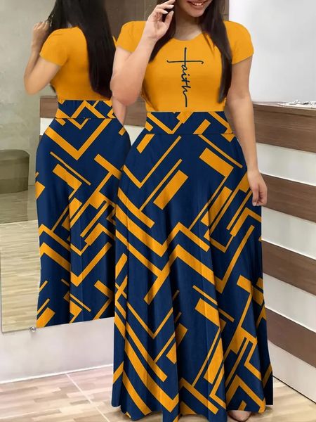 

basic casual dresses elegant women's long 2023 summer printed patchwork temperament commuting digital short sleeve dress s5xl 230625, Black;gray