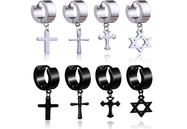 

hypoallergenic stainless steel cross star dangle earrings men punk fake piercing clip on hoop earrings for women fashion jewelry g5234688, Silver