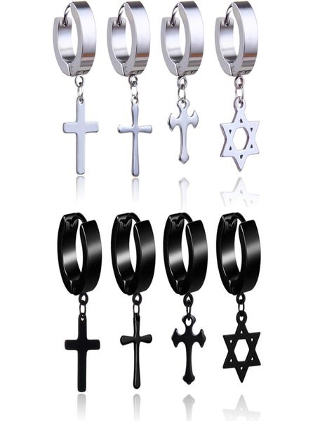 

hypoallergenic stainless steel cross star dangle earrings men punk fake piercing clip on hoop earrings for women fashion jewelry g1570499, Silver