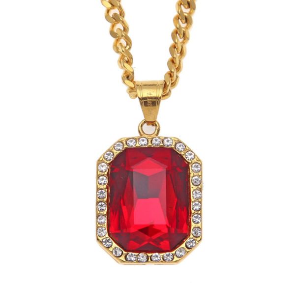 

trendy bling ruby pendant mens necklace stainless steel gold plated hip hop cuban chain necklaces pendants men hiphop jewelry nl7089404, Silver
