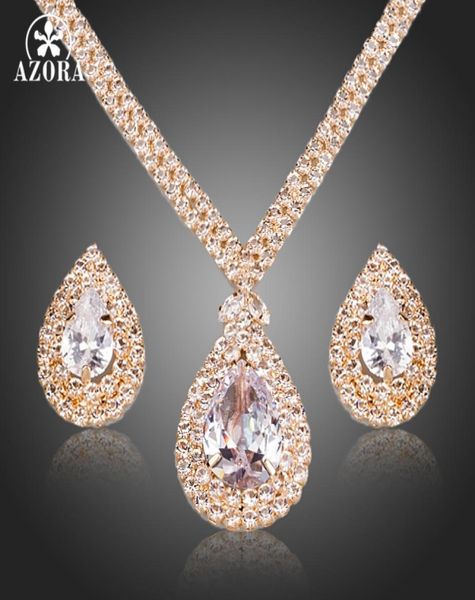 

whole gorgeous gold color clear cz water drop crystal pendant necklace and earrings women wedding jewelry sets tg01587490784, Silver