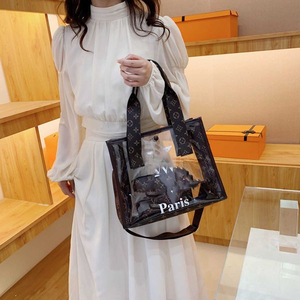 

designer women fashion lvl bag transparent tote mother bag with long shoulder straps double-sided printing korean version one shoulder white
