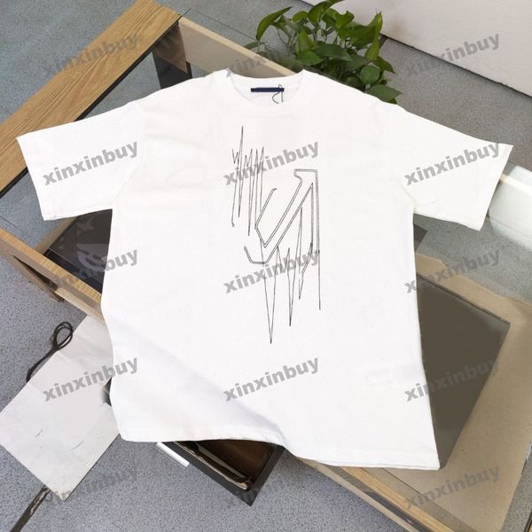 

xinxinbuy men designer tee t shirt 23ss paris frequency line embroidery short sleeve cotton women black brown s-2xl