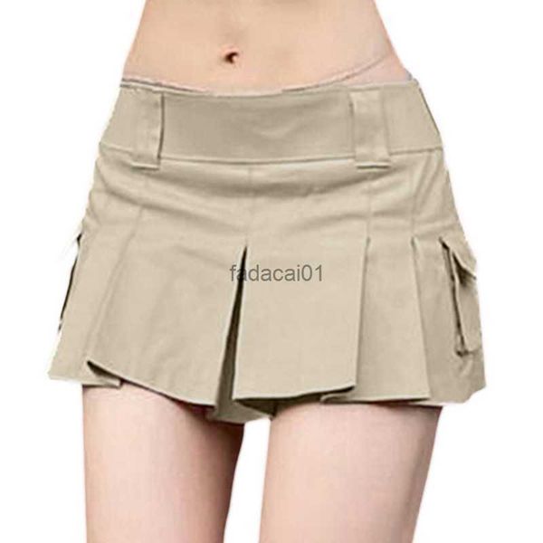 

women short pleated skirt summer clothes 2023 club retro style solid color low waist pockets decoration half mini skirt l230621, Black