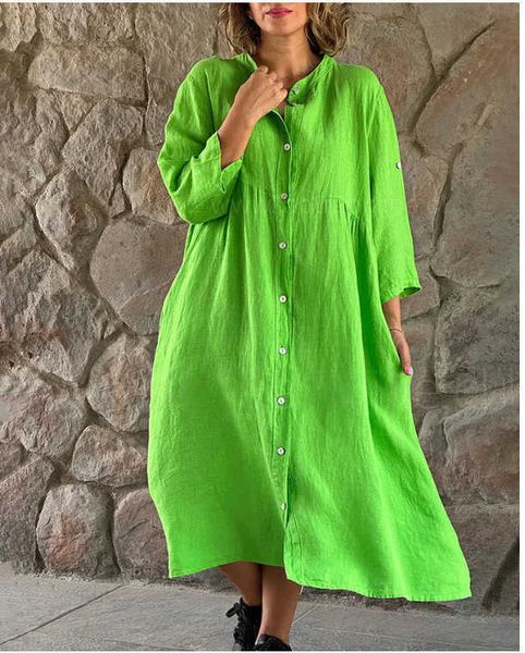 

2023 women's designer new long dress cotton linen solid casual standing neck button long dress women's dress, Black;gray
