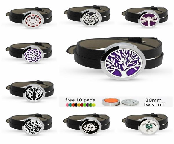 

tree of life dragonfly 30mm screw 316l stainless steel perfume locket plain diffuser locket pu leather band bracelet women 13060725, Silver