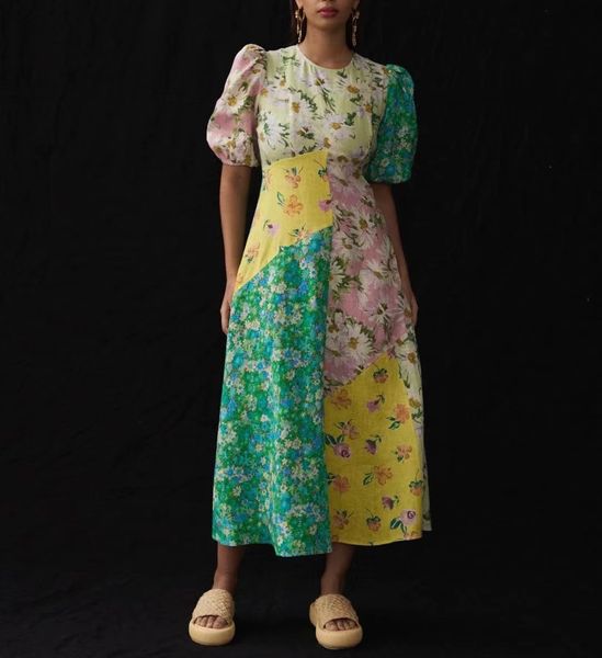 

australian designer dress short sleeve floral printed linen dress, Black;gray
