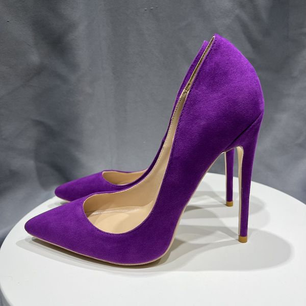 

basic purple suede women pumps high heel brand fashion pointed toe 8cm 10cm 12cm wedding shoes size 43 44 45, Black
