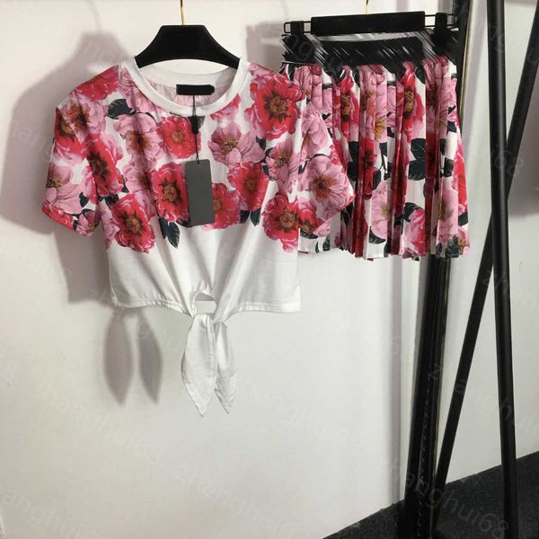 

23ss womens designer clothing skirt set lace-up waist short crop short sleeve t-shirt floral print webbing high waist pleated short skirt se, White